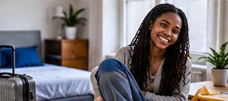 Une étudiante installée dans sa chambre
