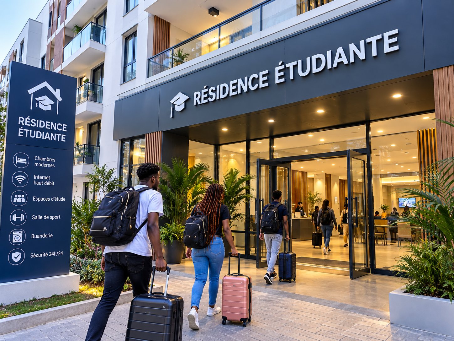 Étudiants arrivant à une résidence étudiante